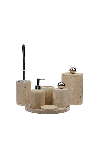 ege gross Dekoratif Traverten Mermer Banyo Seti Takımı 7 Li Pirinç Aksesuar D...