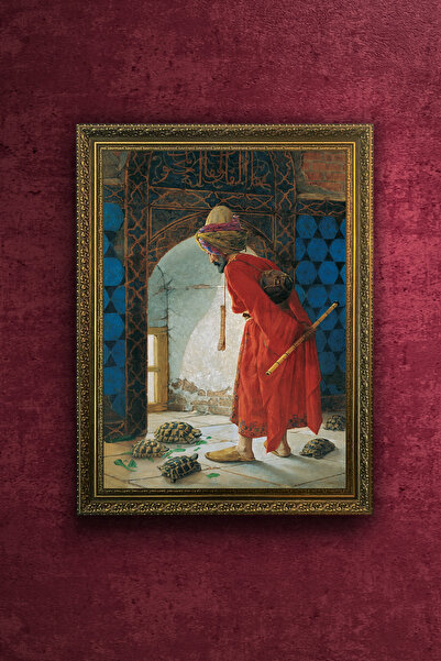 FurelArt Kaplumbağa Terbiyecisi Tablosu - Osman Hamdi Bey - Vintage Desenli Çerçeve - Altın Eskitme Çerçeve