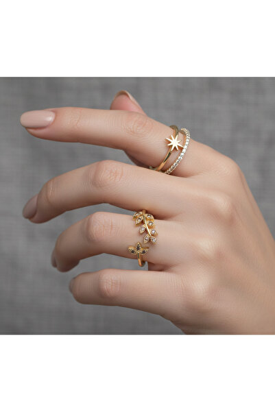 Ervalina خاتم مكون من قطعتين من حجر الزركون على شكل زهرة ونجمة قطب (قابل للتع...