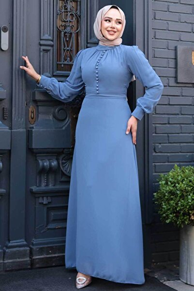 Neva Style Button Detailed Blue Hijab Dress 2703m