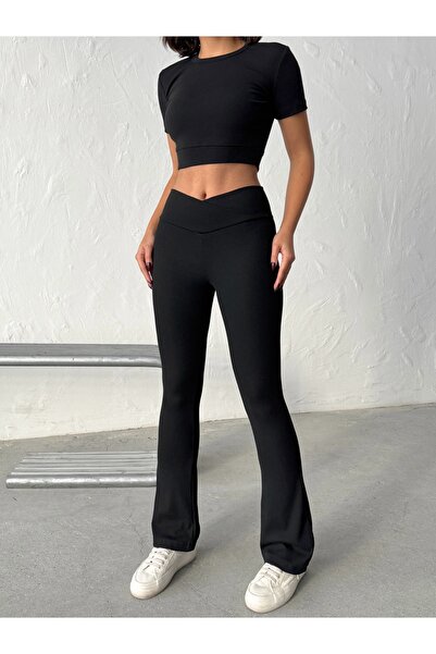 OPENDO Cotton Fabric Flared Flare Leggings Pants with Cross Belt Detail New Black