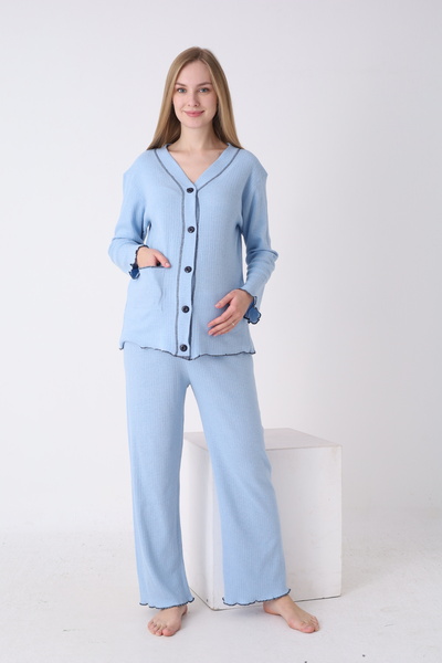 JENİKA طقم بيجامة للحوامل مريح بتصميم أمامي بأزرار وخصر قابل للتعديل مع تفاصيل كشكشة على الأكمام والساقين