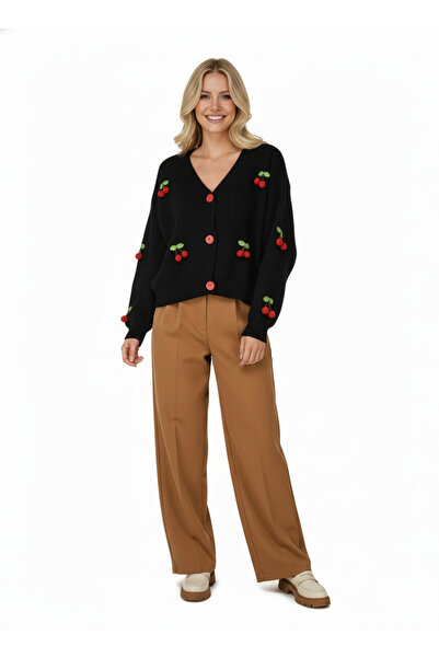 Oppland سترة نسائية شتوية محبوكة قصيرة بتصميم ثلاثي الأبعاد على شكل كرز، مرنة ومزودة بأزرار أمامية، بتصميم لطيف