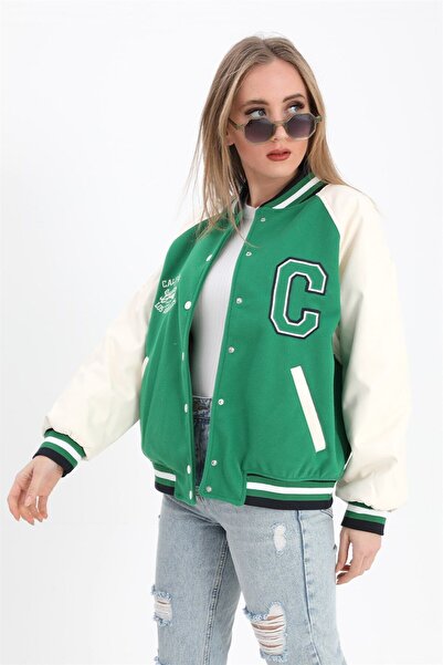 VELİZADE Дамско яке в стил колеж с големи размери, зелени копчета и бродерия,...