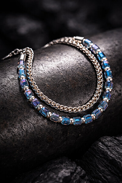 OSMANLI GÜMÜŞ Men's Steel Bracelet - Double Row Round King Chain Crystal Bead Steel Bracelet