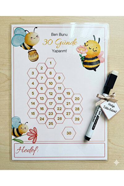 Bee Craft Co Magnetli Yaz Sil 30 Günlük Hedef Takip Çizelgesi A5 + Kalem Hediye