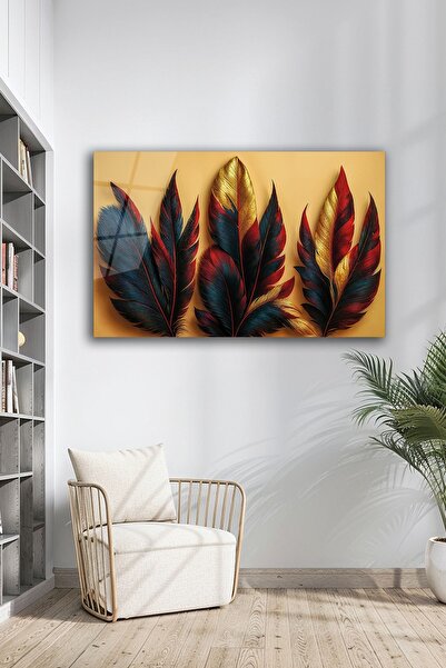 B&G DESIGN Egzotik Kuş Tüyleri Temalı Dekoratif Cam Tablo Canlı Renk Modern D...