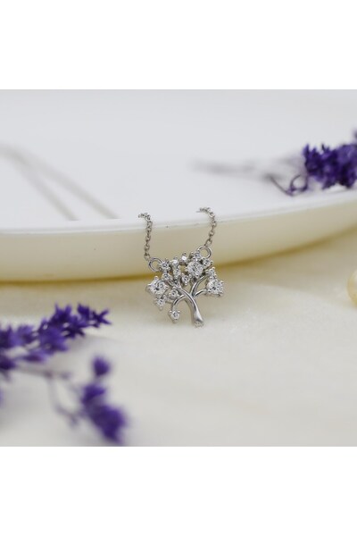 Alsem 925 Gümüş Kaplama Taşlı Hayat Ağacı Kolye , Aile ve Bereket Sembolü Hayat Ağacı Gümüş Kolye