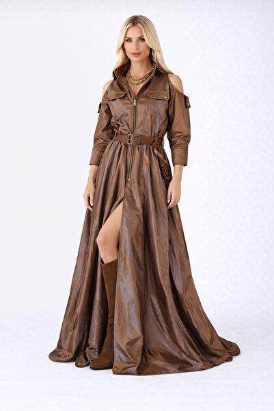 ALYEL NAKER Front Zippered & Off-The-Shoulder Maxi Length Special Design Taff...