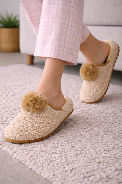 Wordex Pwr Et086 Pompom Silent Sole Wool Winter Women's Home Guest Slippers