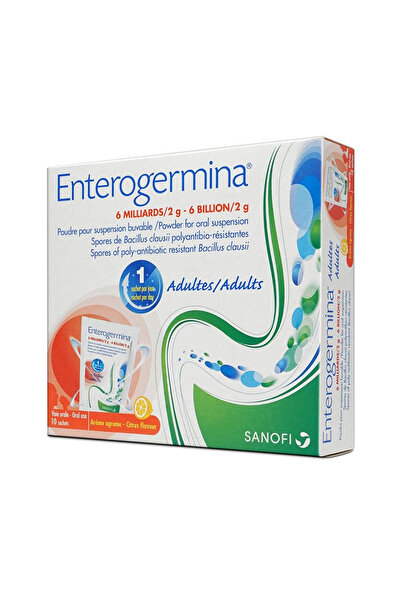 Enterogermina أكياس مسحوق معلق فموي، بنكهة الحمضيات، 6 مليارات وحدة تشكيل مستعمرة، 10 قطع