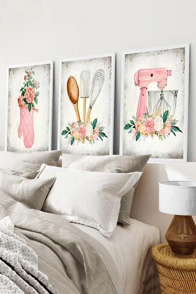 kutuTR Beyaz Çerçeveli 2D UV Baskı 3’lü MDF Tablo Set – Mutfak Temalı Çiçekli...