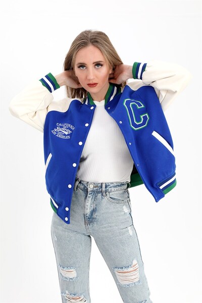 VELİZADE Jachetă bomber groasă, albastră, cu broderie, cu mâneci sport, din p...