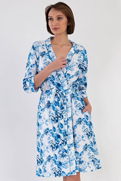VİENETTA Women's Blue Capri Sleeve Patterned 100% Cotton Dressing Gown C1T2N4804