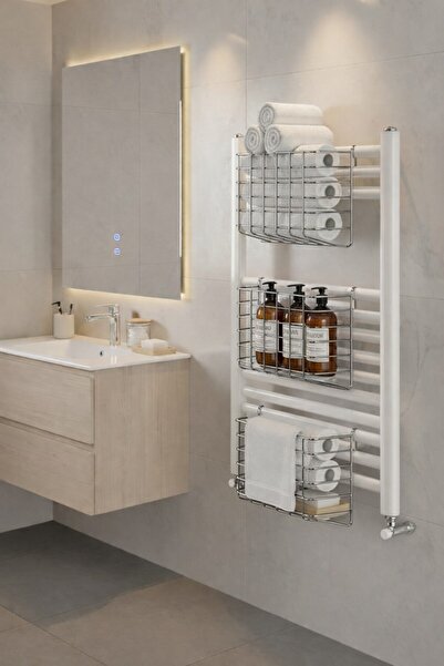 Sas Haus رف حمام متعدد الأغراض من نوع Petek – حامل مناشف معدني وسلة تنظيم 3 قطع من الكروم