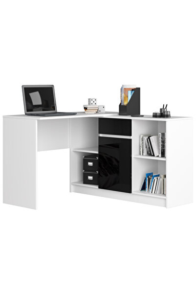 SERSIMO Birou de colț cu sertar, ușă și 6 rafturi, fronturi MDF lucioase, 120x126x79 cm, alb și negru