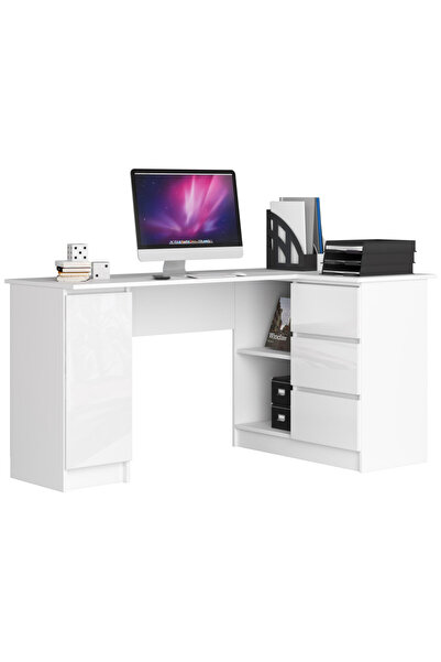 SERSIMO Birou de colț dreapta în formă de L cu 3 sertare și rafturi, fronturi MDF lucioase, 155x85x77 cm, alb