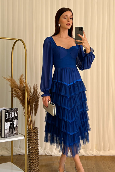Klex Sweetheart Neckline Chiffon Sleeves Tulle Skirt Midi Evening Dress