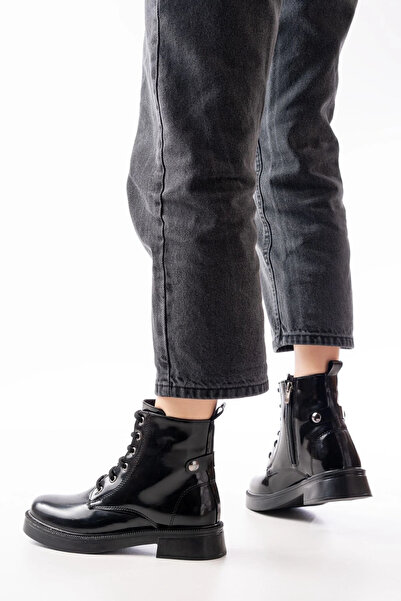 idimilla 02-2003 Black Patent Leather Lace-Up Zippered Daily Women's Boots