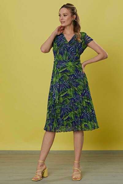 Selen Giyim Kruvaze Yaka Palmiye Desen Pliseli Elbise