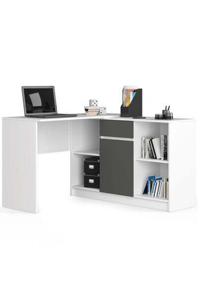 SERSIMO Birou de colț cu sertar, ușă și 6 rafturi, PAL laminat 16 mm, 120x126x79 cm, alb gri