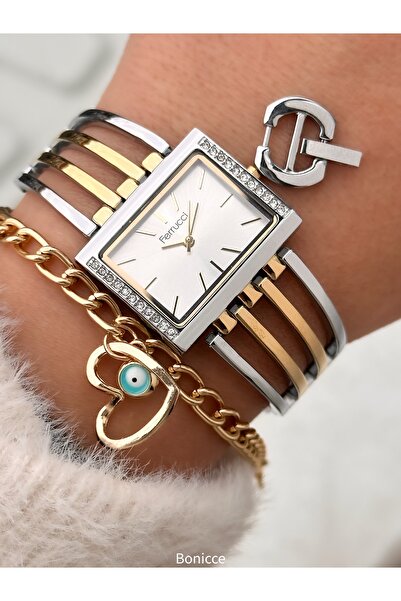 Ferrucci Clamp Steel Cord, Rib Model (Additional Link) Silver Yellow Color, in Stylish Box, Women's Wristwatch+Bracelet