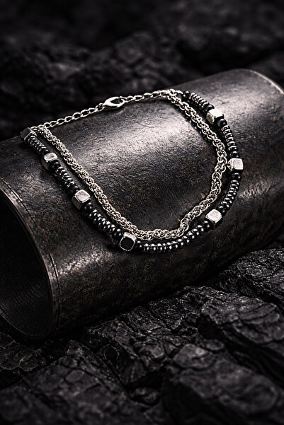 OSMANLI GÜMÜŞ Men's Steel Bracelet - Double Row Model 2 Round King Chain Natu...