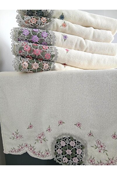 DİLEX White Dowry Embroidered 60X90 cm 3-Piece Towel Set Daisy