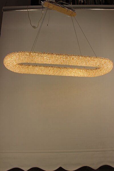 GN GEN AYDINLATMA Lüks İtalyan Tasarım Oval Kristal Taşlı 3 Renk Led Gold Yemek Masası Avizesi