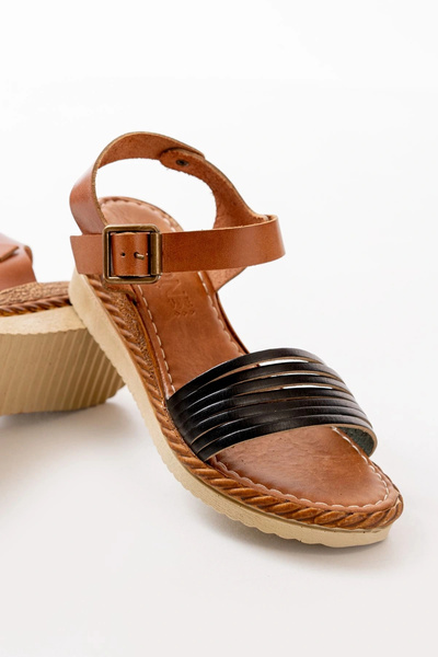 idimilla 731-07 Black Orthopedic Genuine Leather Wedge Women's Sandals