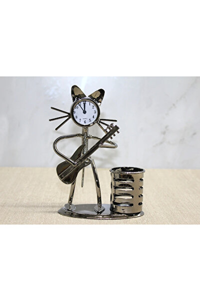 Epilons Metal Guitar Playing Musician Cat Clock and Pen Holder