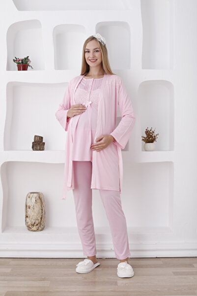 ERDENİZ TEKSTİL Hamile Lohusa Pijama Takımı 3'lü Set - Dantel Detaylı Sabahlı...