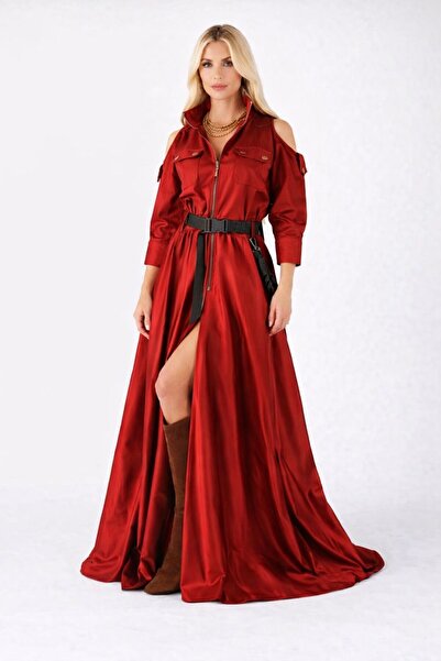 ALYEL NAKER Front Zippered & Off-The-Shoulder Maxi Length Special Design Taff...