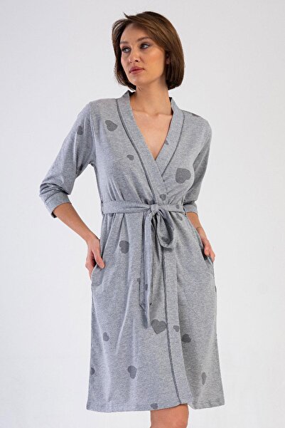 VİENETTA Women's Gray Melange Capri Sleeve Belted Heart Patterned Dressing Gown C5T5N1904