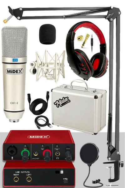 Midex CX1 Mikrofon + GLX-500 PRO Ses Kartı + RS-30 Stereo Kulaklık Kayıt Ekip...