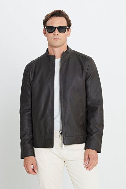 AC&Co / Altınyıldız Classics Kahverengi Deri Ceket Standart Fit Normal Kesim Dik Yaka