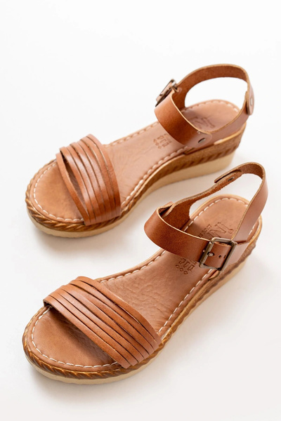 idimilla 731-07 Tan Orthopedic Genuine Leather Wedge Women's Sandals