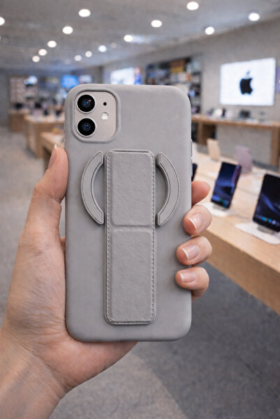 mopal kılıf iPhone 11 Uyumlu Standlı Tutma Aparatlı Gri Silikon Kılıf