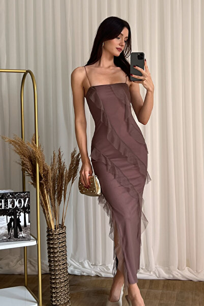 Klex Straps Chiffon Tulle Tiered Long Evening Dress