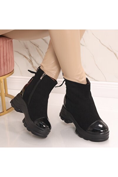 Botinelli Women's Fur-lined Black Platform Sneakers Made of -Suede Leather Dalada, 35