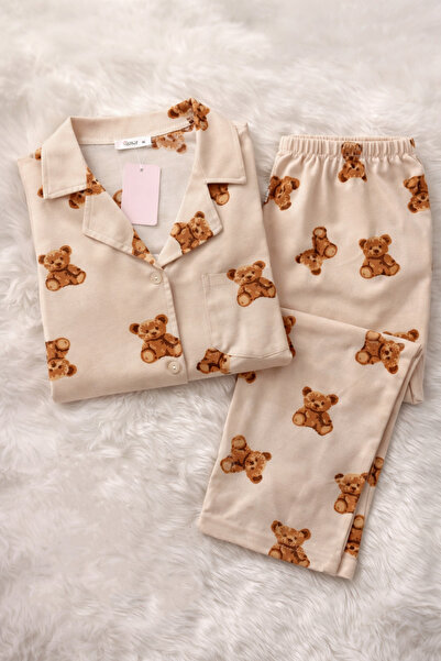 FK Teddy Bear Pattern Cotton Women's Pajama Set – Soft & Breathable Comfortable Button Front V-Neck