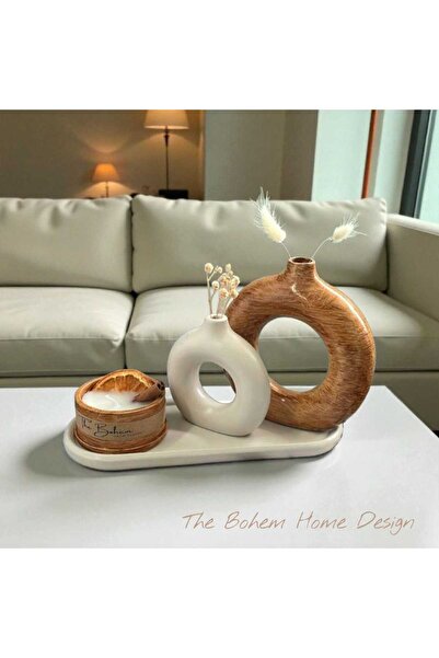 THE BOHEMM Ahşap Görünümlü Vazo Mum Set