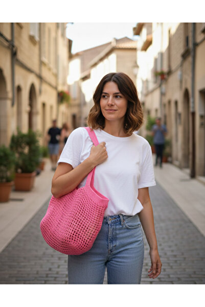 Artepieza co. Neon Pembe El Örgüsü Rafya İp File Plaj Çantası 48x30-Handmade ...