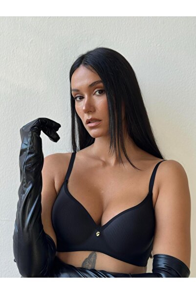 Cansoy Corded Fabric Unpadded Underwire-Free Black Bra (736)