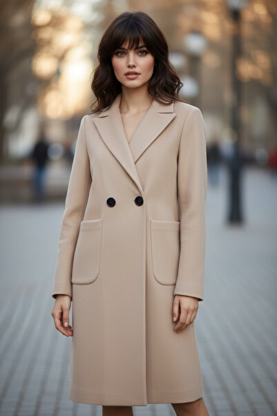 Pitti Women's Stone Color Cashmere Black Buttoned Black Lined Coat 70581