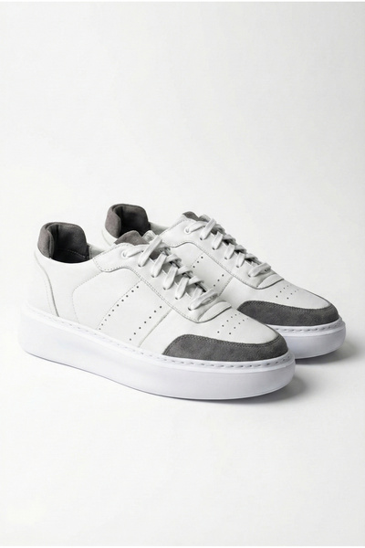 Martinetto Genuine Leather White Sneaker with Gray Suede Detail, Eva Sole, High Sole, Comfortable Men's Sneaker Shoes