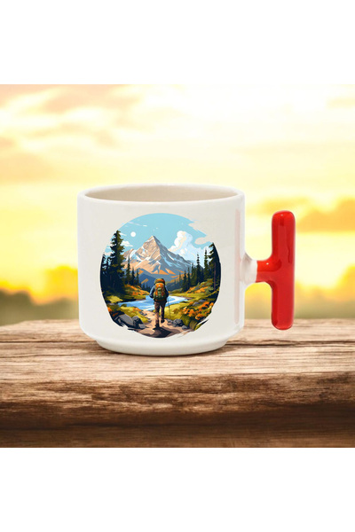 BB TRADE Mountaineer Design Red T-Handled Ceramic Printed Mug Cup 250 ml