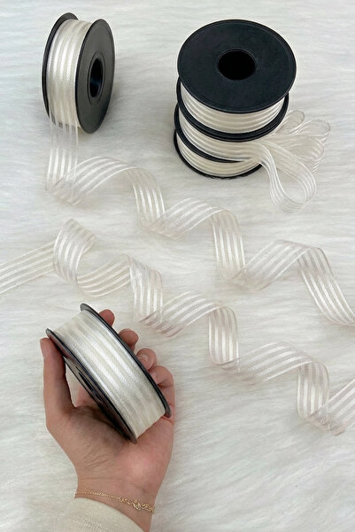 ZEYMERADE Cream Hilton Striped Chiffon Ribbon 2.5 cm 20 Meters, Bride, Bohça, Engagement, Dowry, Gift, Wedding, Decoration