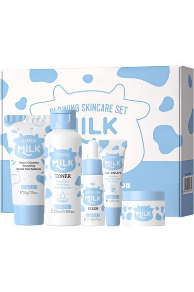 LAIKOU مجموعة هدايا ميلك بيوتي للفتيات المراهقات تتضمن غسولًا، كريمًا، تونر، ...