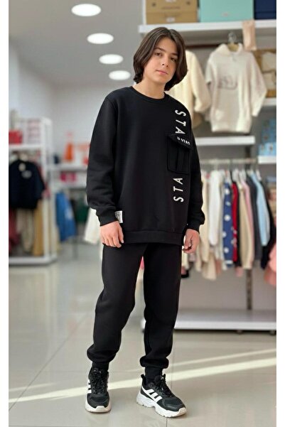 mayakids Black Pocket-Covered Inner Part Sha Fleece-Lined Enç Boy Children's ...